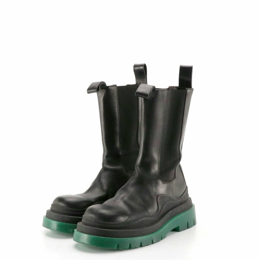 Authentic Bottega Veneta Black Leather Boots w/ Iconic Green Sole